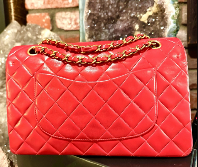 Pre-owned CHANEL Lambskin Red Shoulder Purse Gold Chain Double Flap Card Bag Box Lg/Med