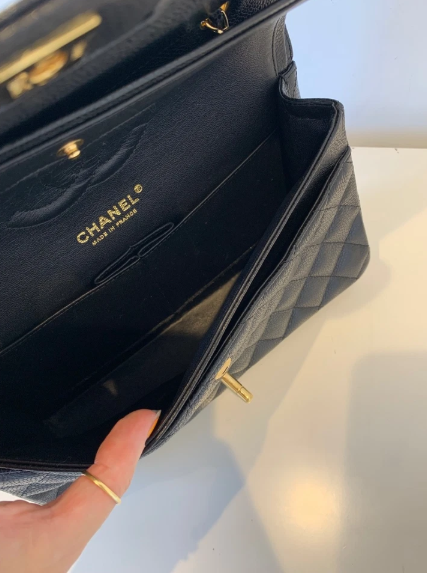 Pre-owned CHANEL Classic Double Flap Bag Medium, Black Caviar Leather with Gold Hardware