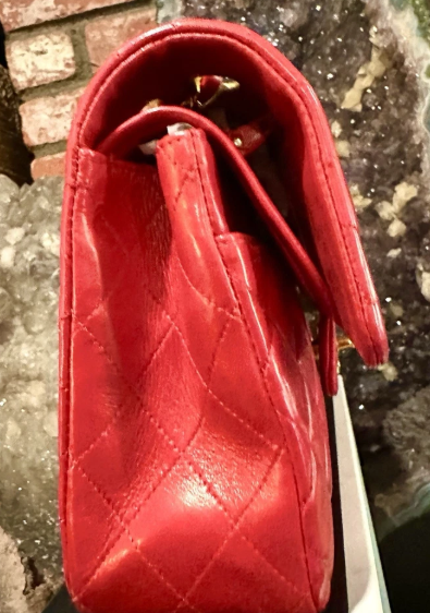 Pre-owned CHANEL Lambskin Red Shoulder Purse Gold Chain Double Flap Card Bag Box Lg/Med