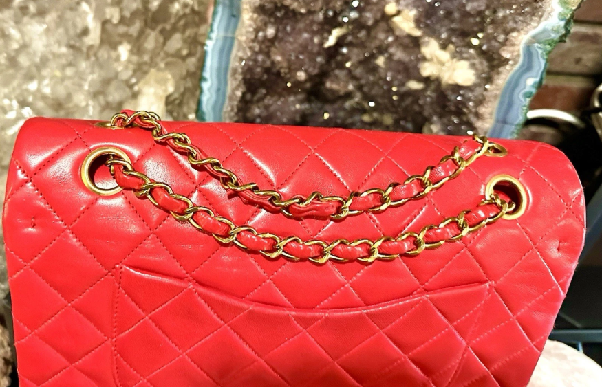 Pre-owned CHANEL Lambskin Red Shoulder Purse Gold Chain Double Flap Card Bag Box Lg/Med