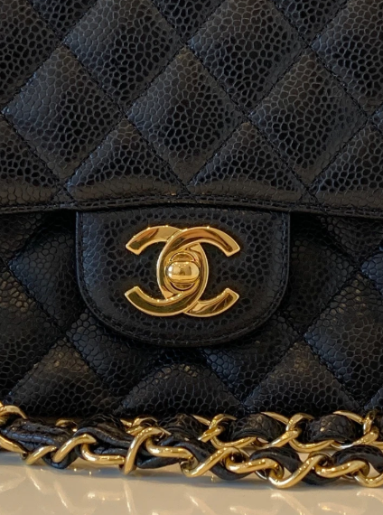 Pre-owned CHANEL Classic Double Flap Bag Medium, Black Caviar Leather with Gold Hardware