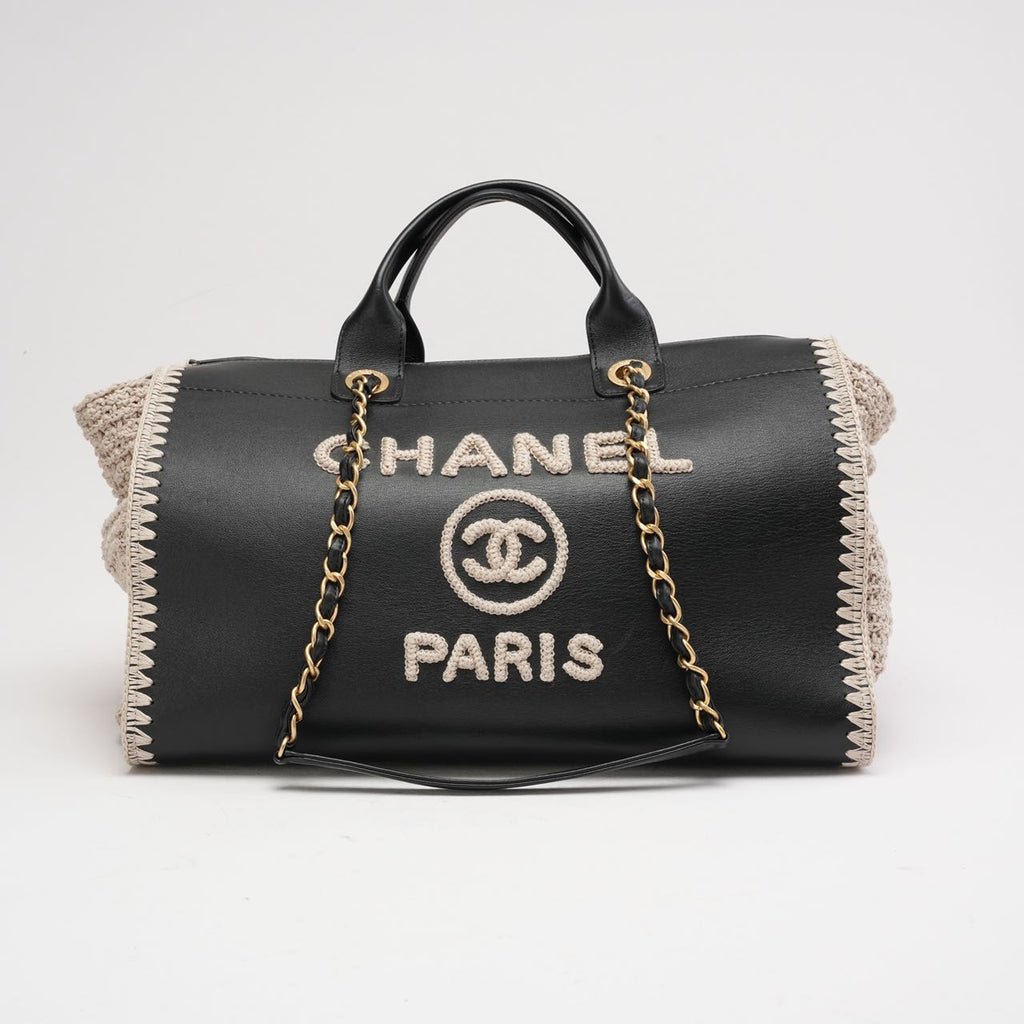 pre-owned coco-vault Chanel Deauville Shopping Tote Large Kalbsleather Black/Beige